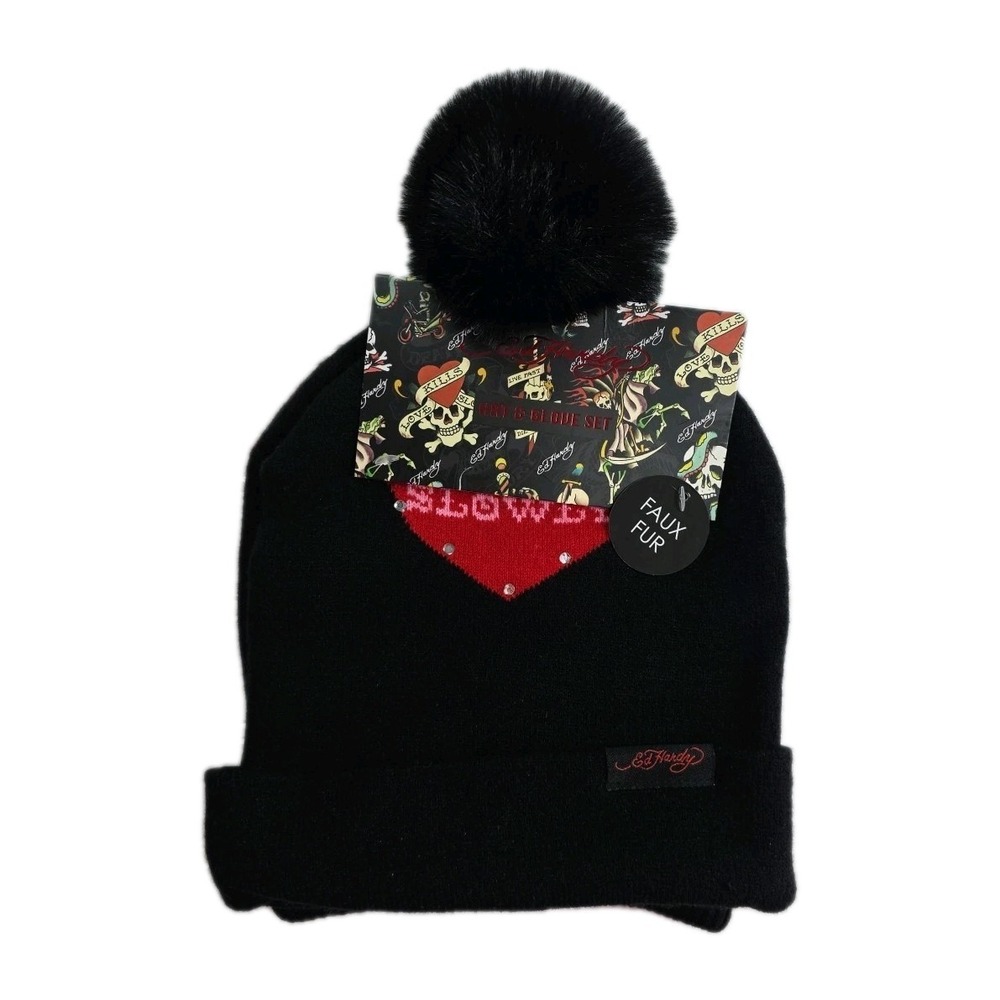 Ed Hardy 2 Pk Black Beanie Hats LOGO‎ NWT